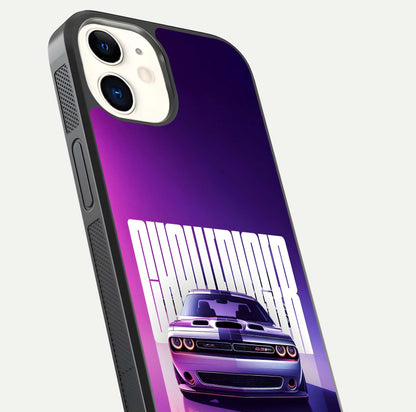 Midnight Muscle Ride Glass Case for iphone-12 close-up angled shot showing HD reflections and car details
