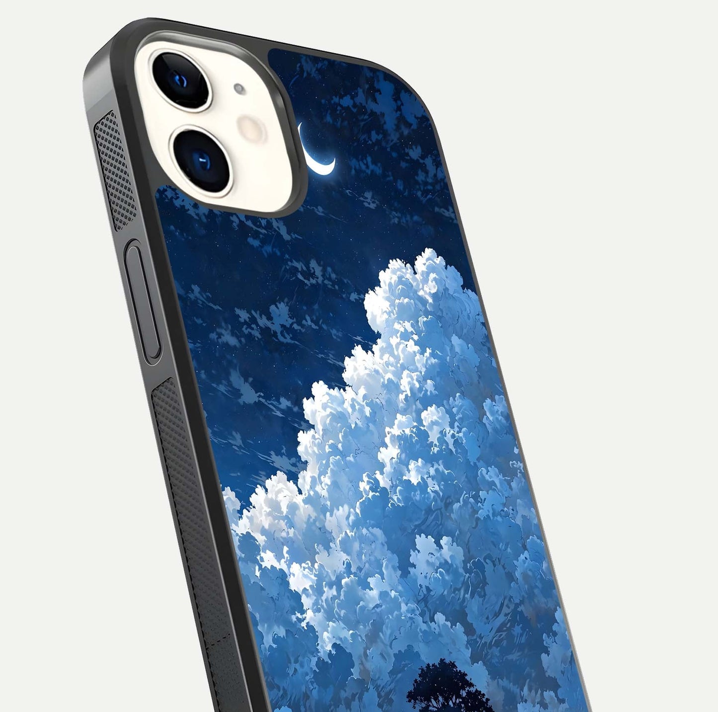 Midnight Sky Serenity Glass Case for iphone-12 close-up angled shot showing starlit tones and reflection