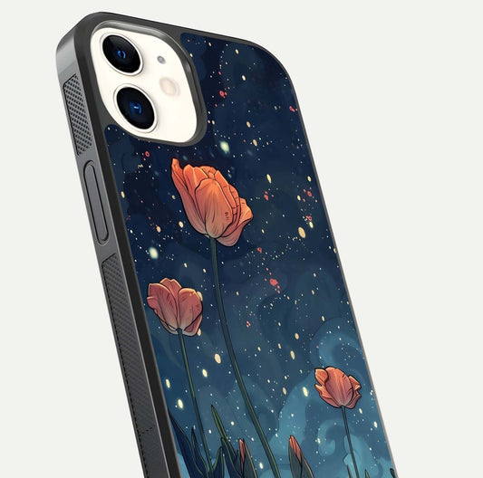 Midnight Tulip Glow Glass Case for iphone-12 close-up angled shot showing petal details and reflection glow