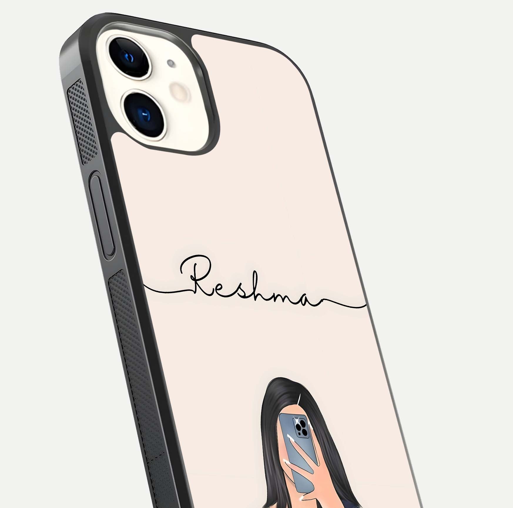 Mirror Mood Muse Custom Name Glass Case for iphone-12 close-up angled shot highlighting gloss and mirror depth