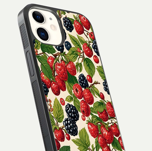 Mixed Berry Collage Glass Case for iphone-12 close-up angled shot showing fruit detail and reflection glow