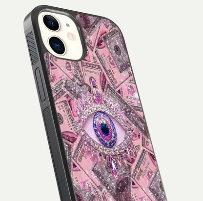 Money Eye Luxe Glass Case for iphone-12 close-up angled shot showing gold detailing and reflection shine