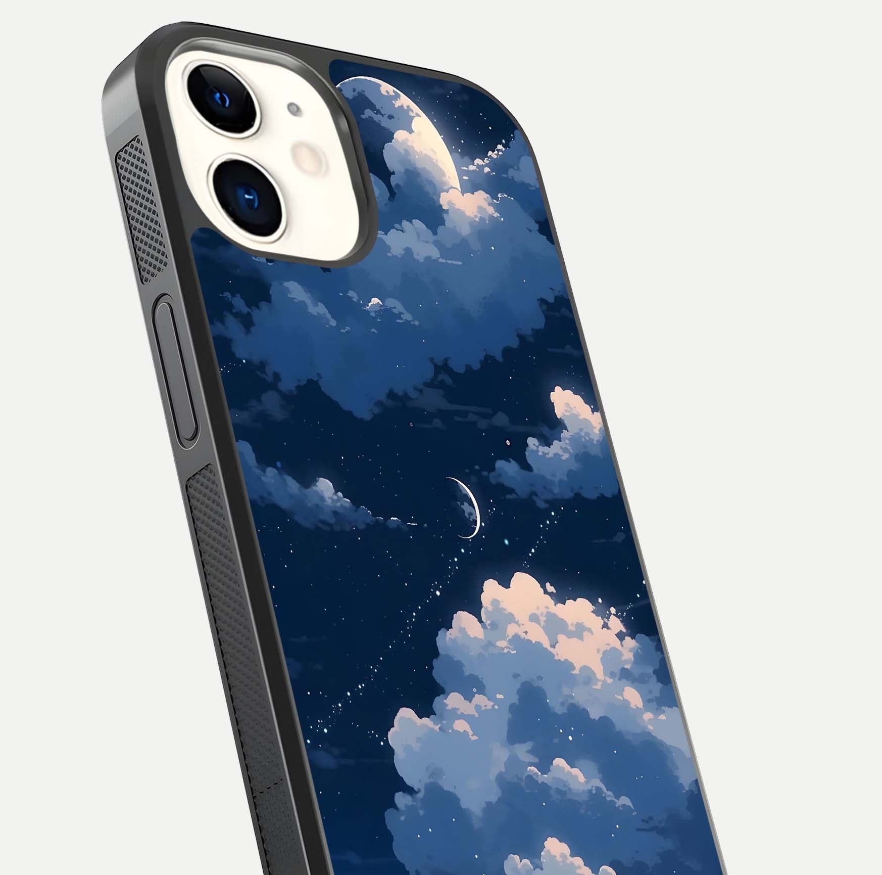 Moon Dream Haze Glass Case for iphone-12 close-up angled shot showing moon reflection and subtle glow
