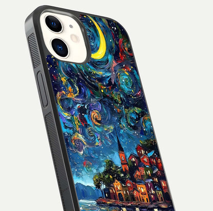 Moonlight Harbor Glow Glass Case for iphone-12 close-up angled shot showing reflection and moonlight glow