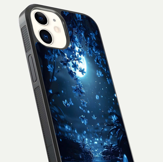 Moonlight Petal Dream Glass Case for iphone-12 close-up angled shot showing petal reflection and glow texture