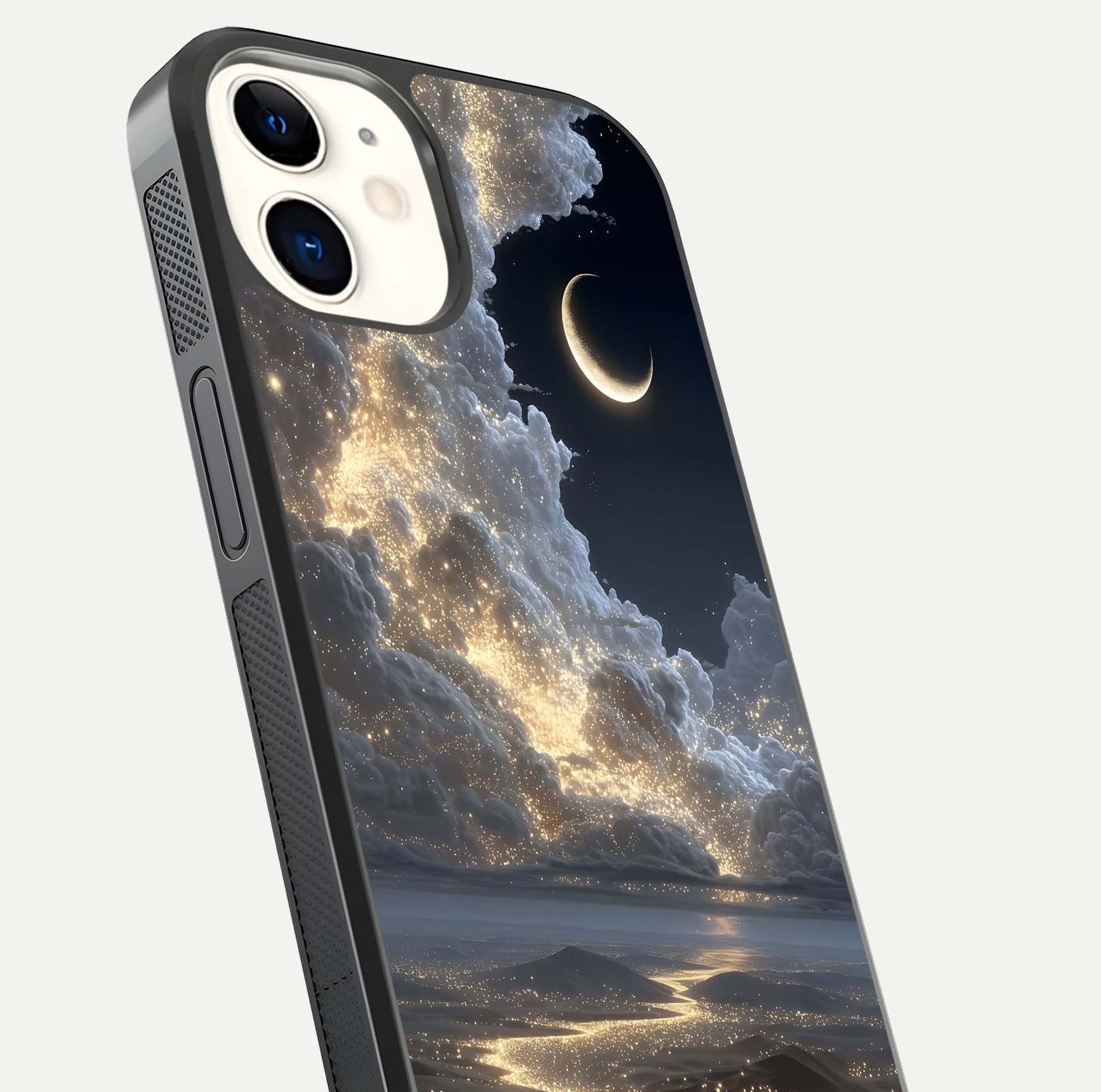 Moonlight Spark Path Glass Case for iphone-12 close-up angled shot showing glowing stars and reflection