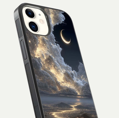 Moonlight Spark Path Glass Case for iphone-12 close-up angled shot showing glowing stars and reflection
