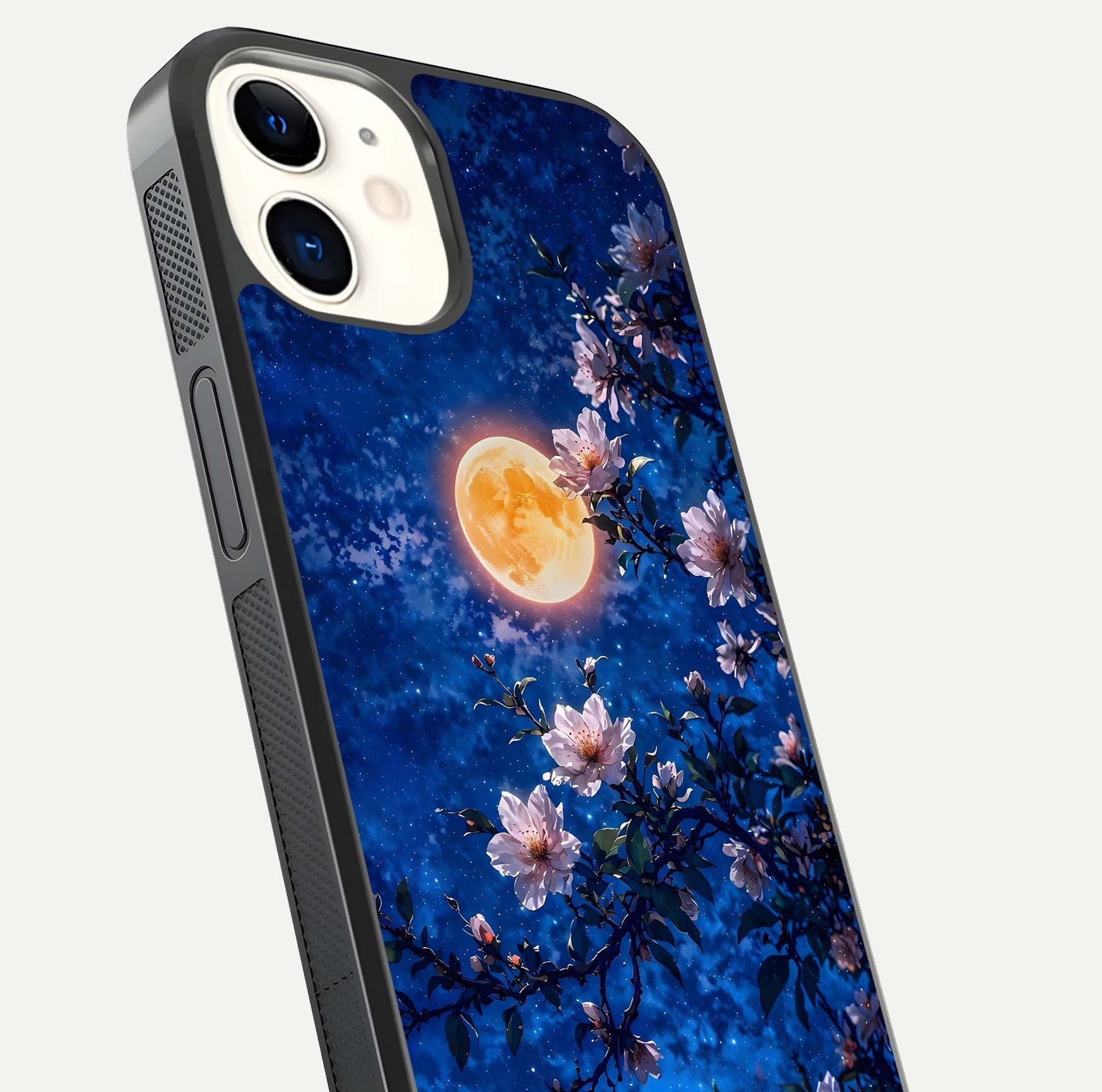 Moonlit Blossoms Night Glass Case for iphone-12 close-up angled shot showing petal glow and reflection detail