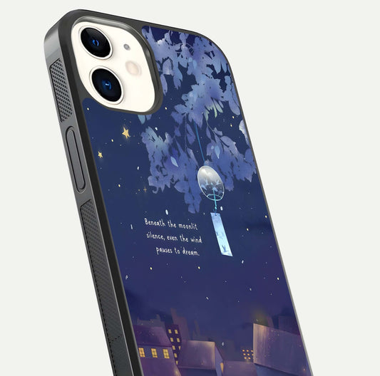 Moonlit Cat Silence Glass Case for iphone-12 close-up angled shot showing soft glow and reflection texture