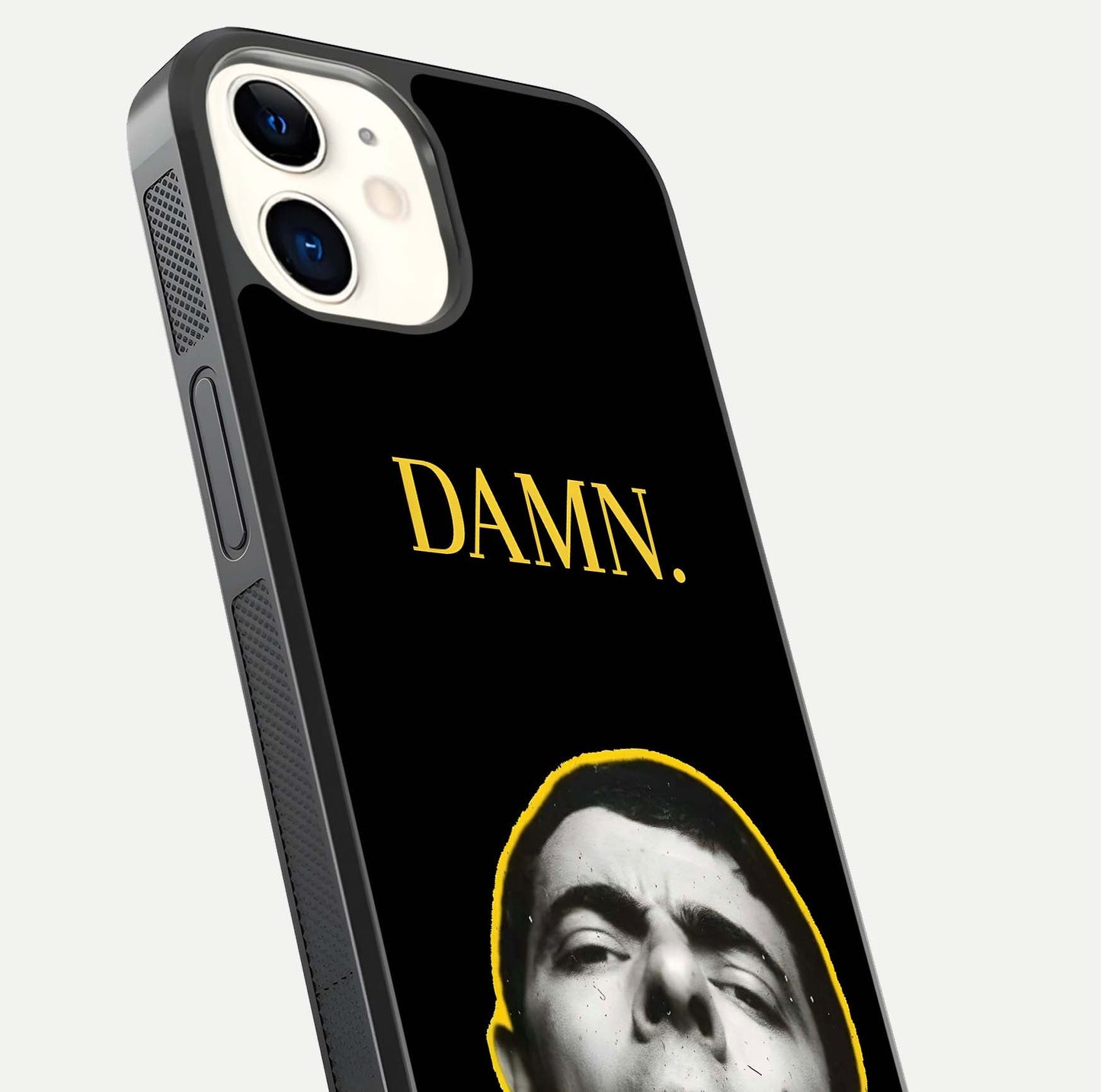 Mr Bean Damn Glass Case for iphone-12 close-up angled shot highlighting comic expression and shine detail
