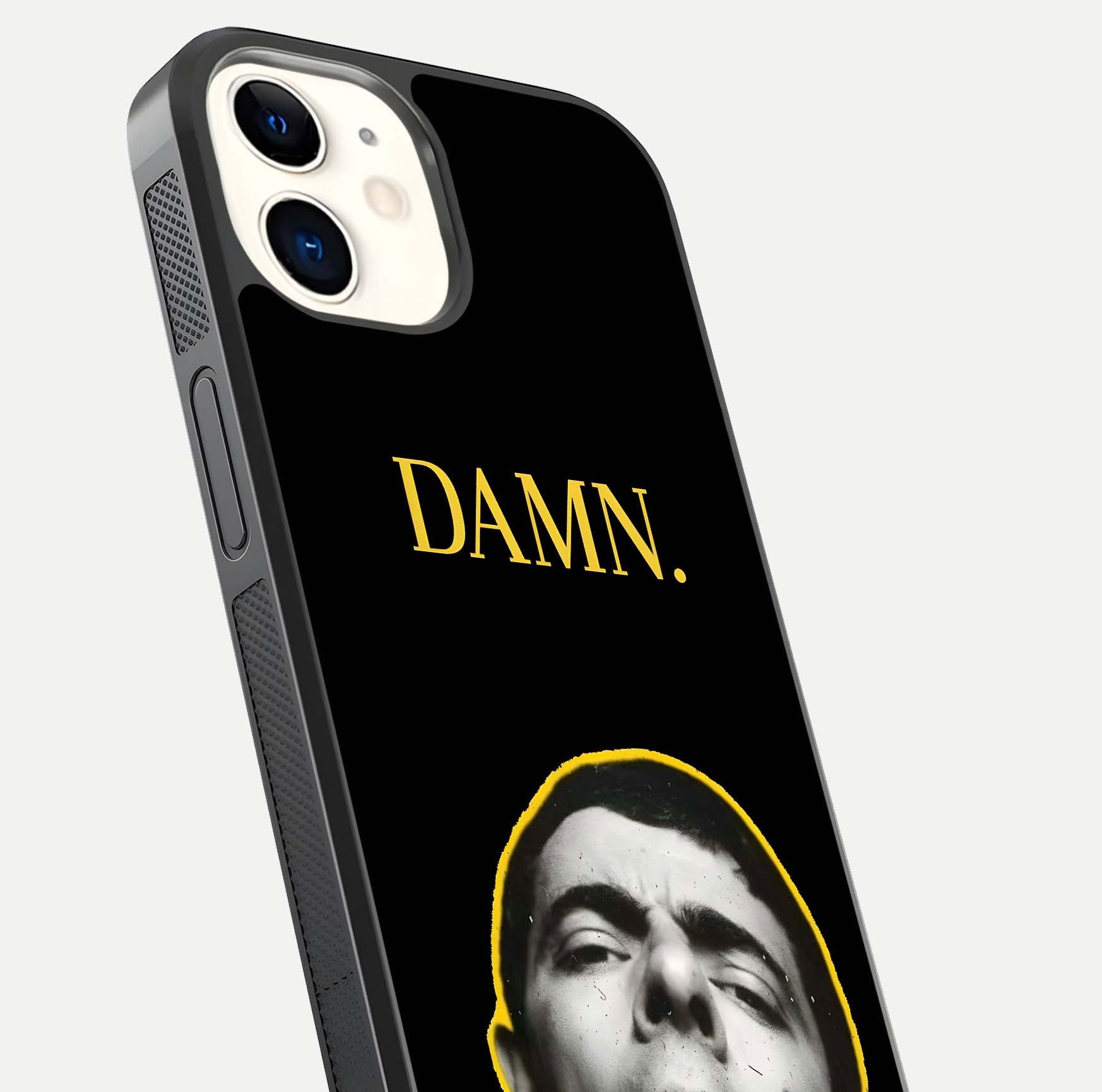 Mr Bean Damn Glass Case for iphone-12 close-up angled shot highlighting comic expression and shine detail
