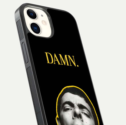 Mr Bean Damn Glass Case for iphone-12 close-up angled shot highlighting comic expression and shine detail