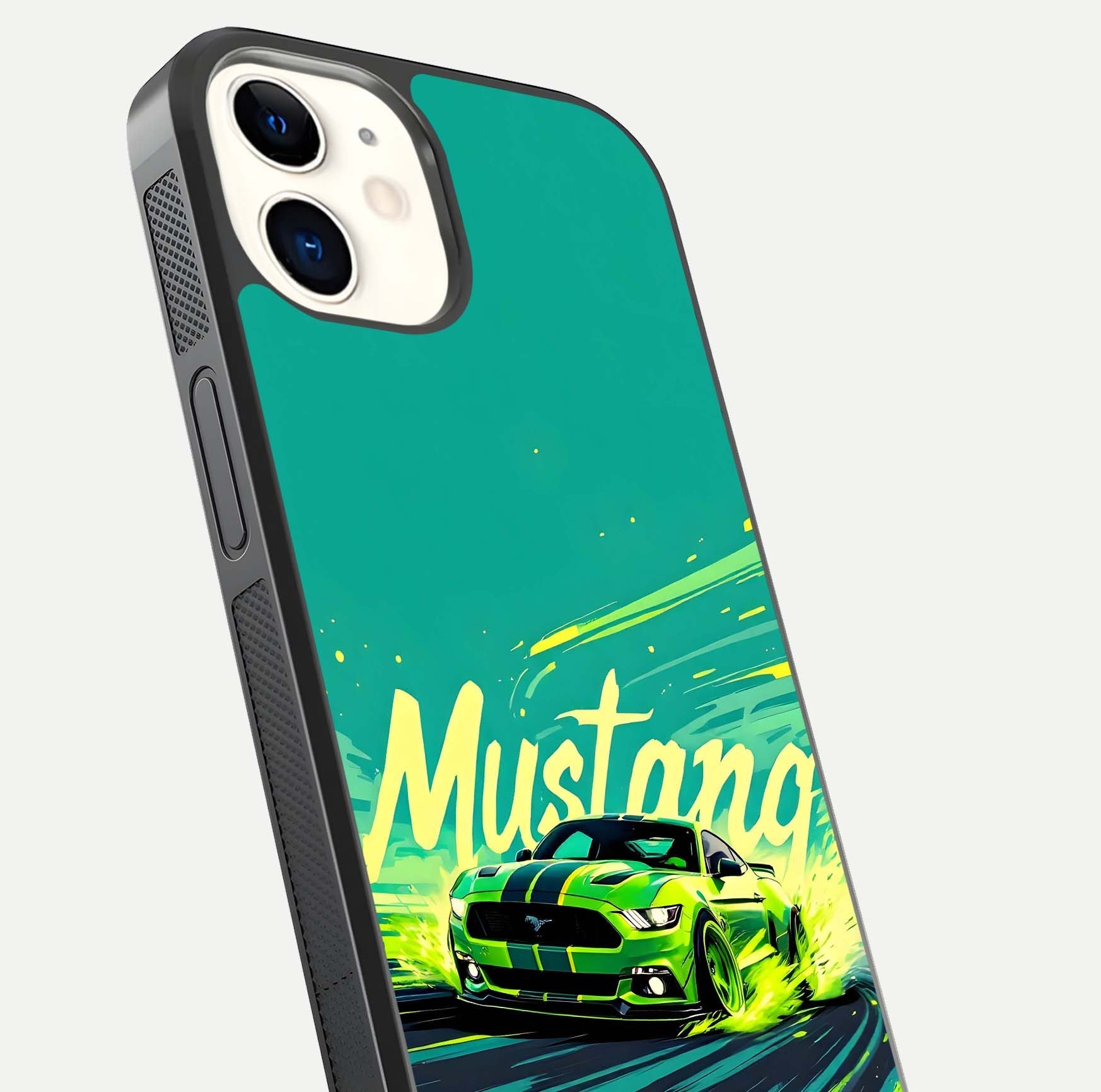 Mustang Bang Glass Case for iphone-12 close-up angled shot showing car emblem and HD reflection