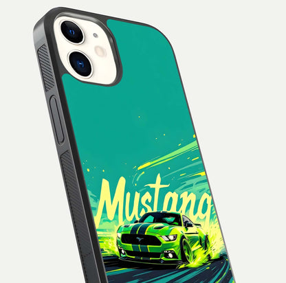 Mustang Bang Glass Case for iphone-12 close-up angled shot showing car emblem and HD reflection