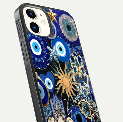 Mystic Blue Evil Eye Glass Case for iphone-12 close-up angled shot highlighting mystical glow and HD reflection