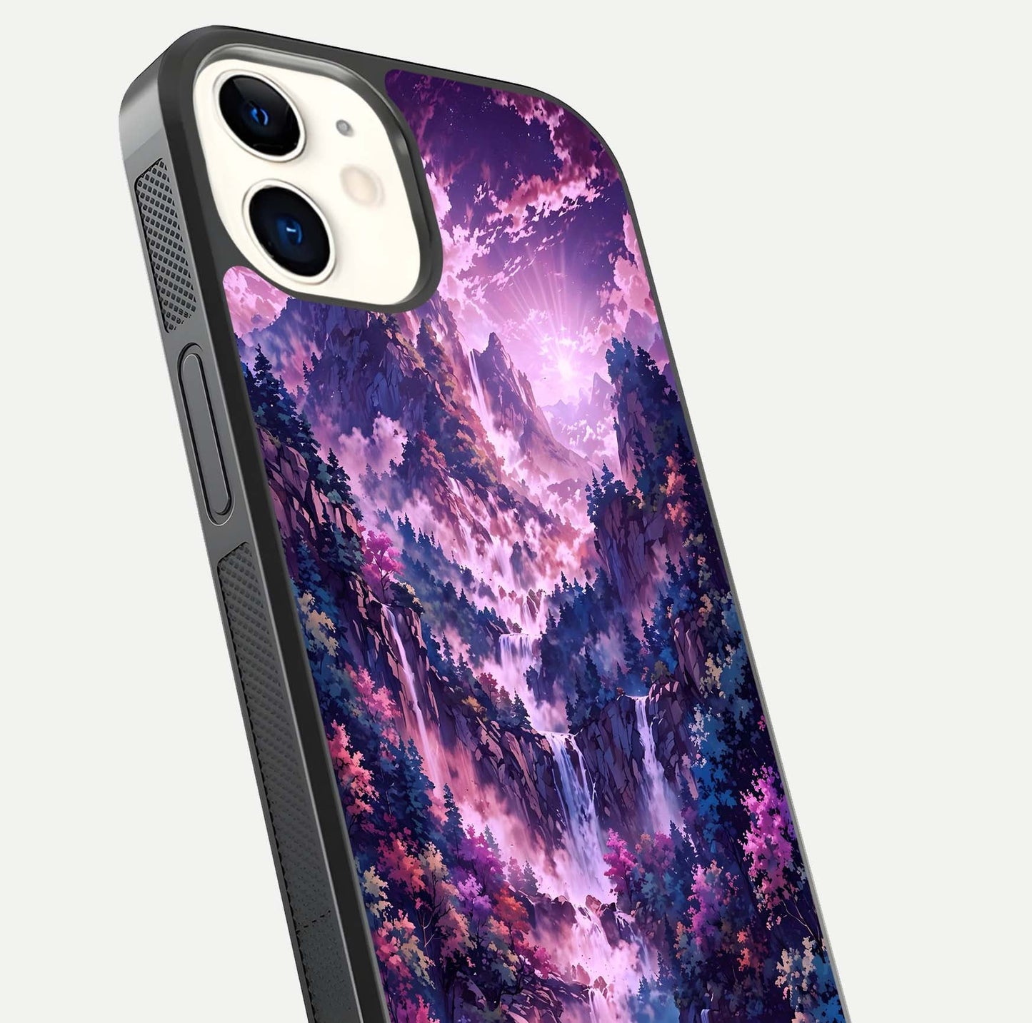Mystic Cascade Peaks Glass Case for iphone-12 close-up angled shot showing peak reflections and color gradient