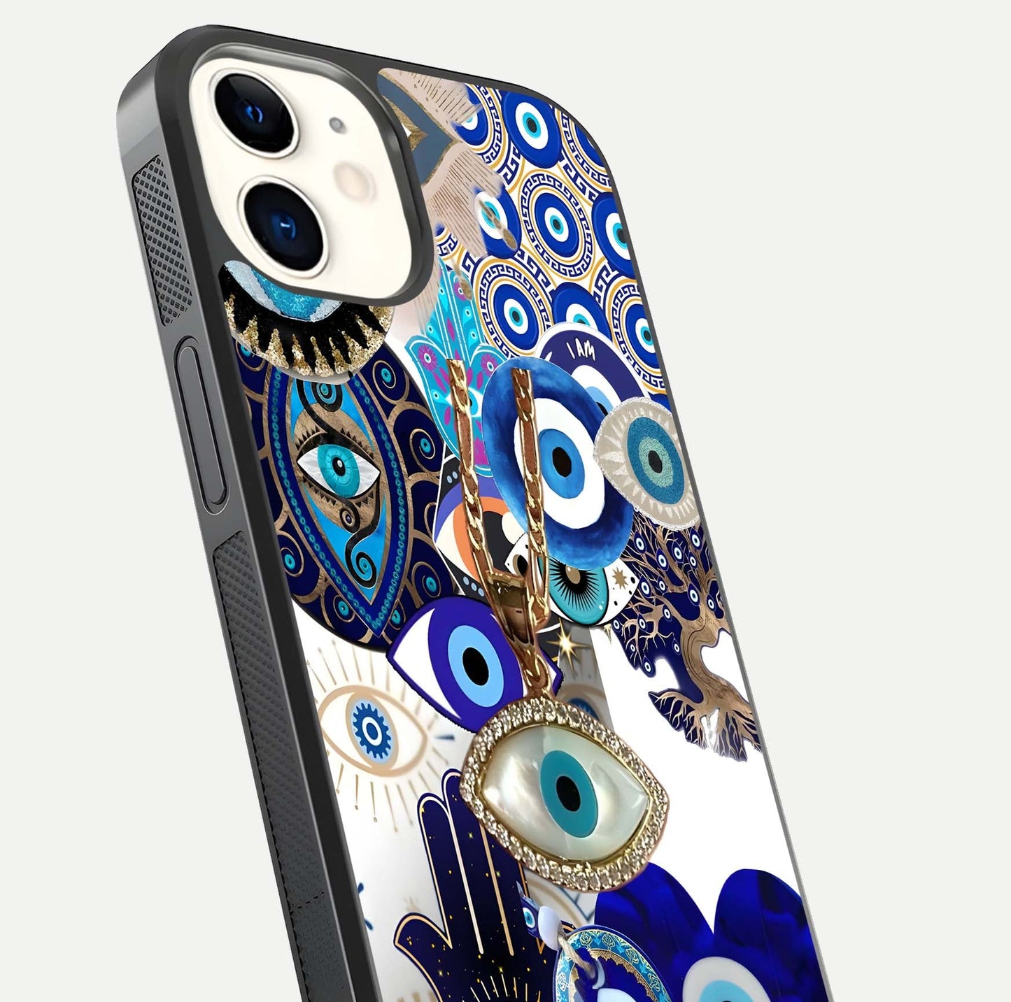 Mystic Charm Eye Glass Case for iphone-12 close-up angled shot showing detailed eye art and reflection
