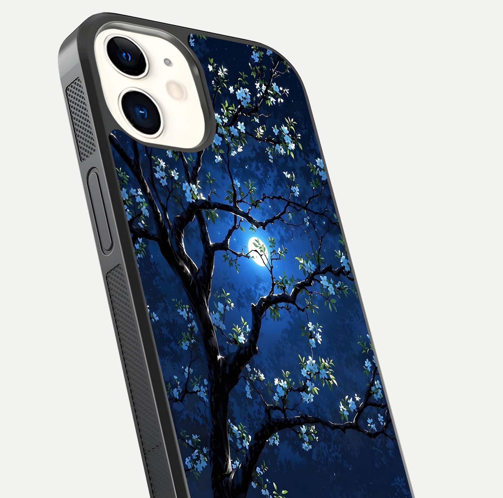 Mystic Floral Night Glass Case for iphone-12 close-up angled shot highlighting petal detail and HD reflection