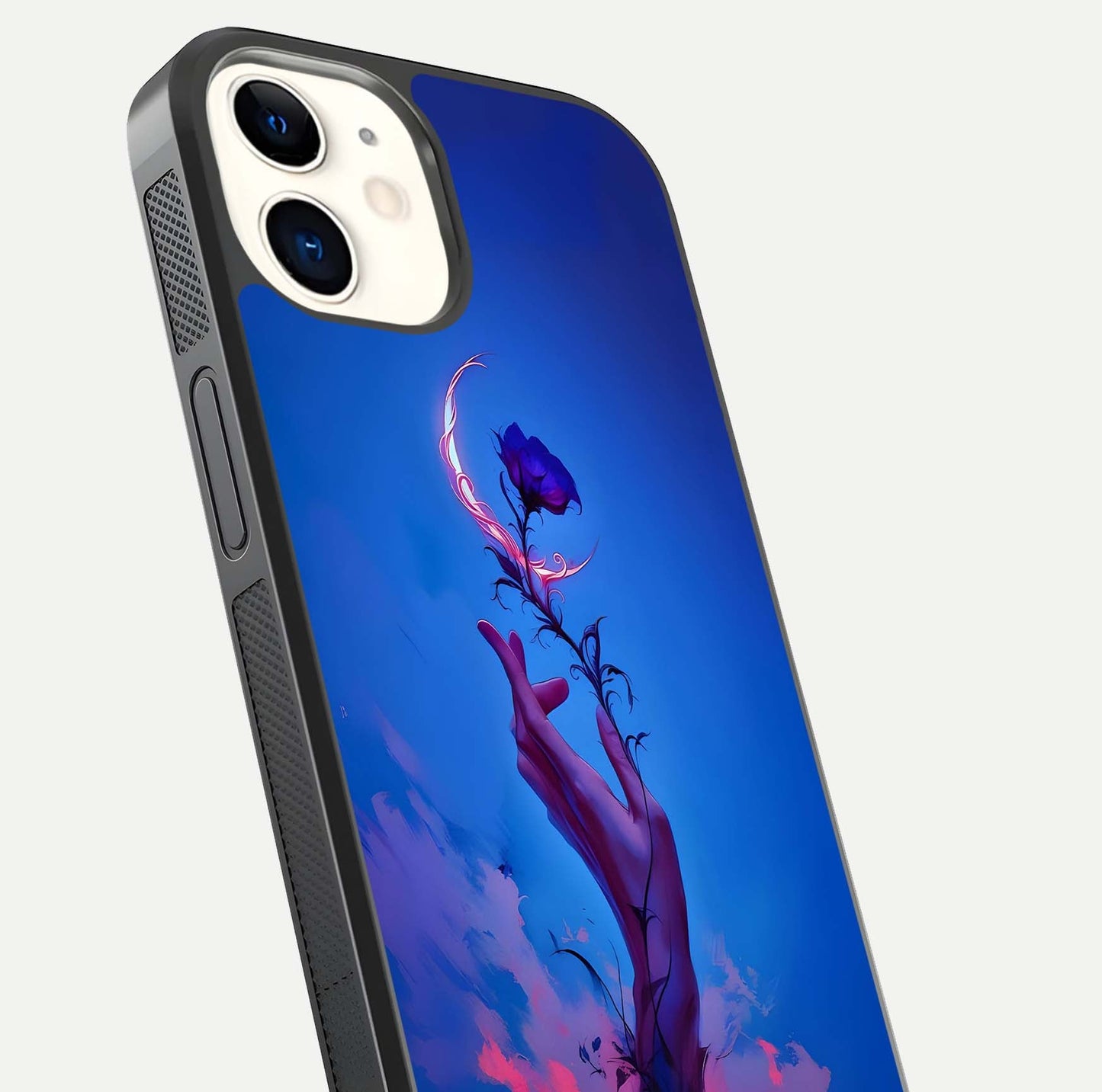 Mystic Hand Glass Case for iphone-12 close-up angled shot showing spiritual markings and reflection