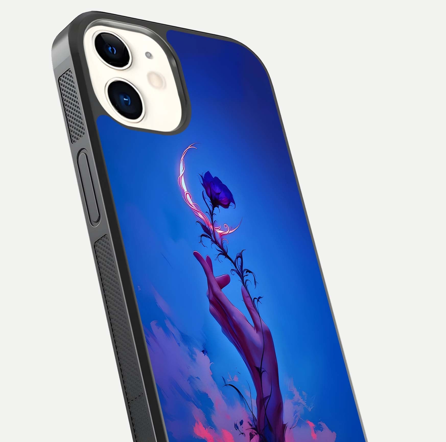 Mystic Hand Glass Case for iphone-12 close-up angled shot showing spiritual markings and reflection