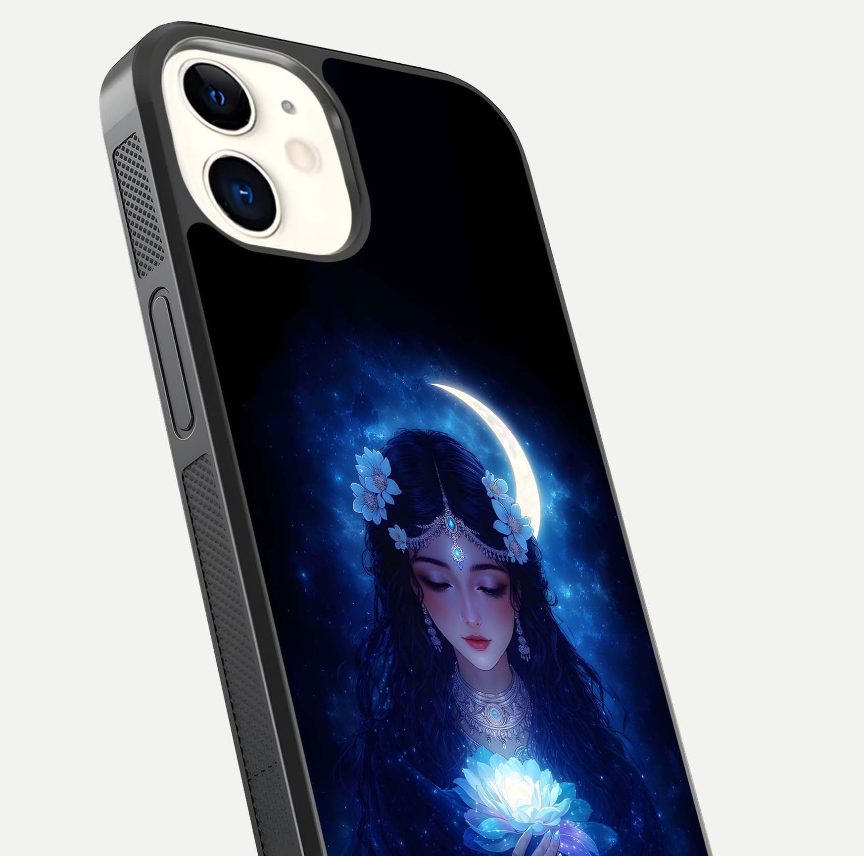 Mystic Moon Queen Glass Case for iphone-12 close-up angled shot showing shine and lunar tones