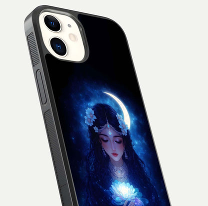 Mystic Moon Queen Glass Case for iphone-12 close-up angled shot showing shine and lunar tones
