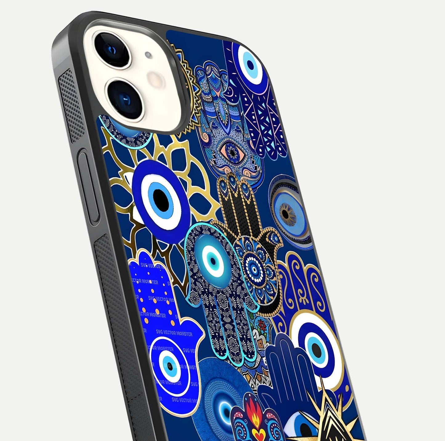 Mystic Palm Guard Glass Case for iphone-12 close-up angled shot showing eye symbol and fine texture