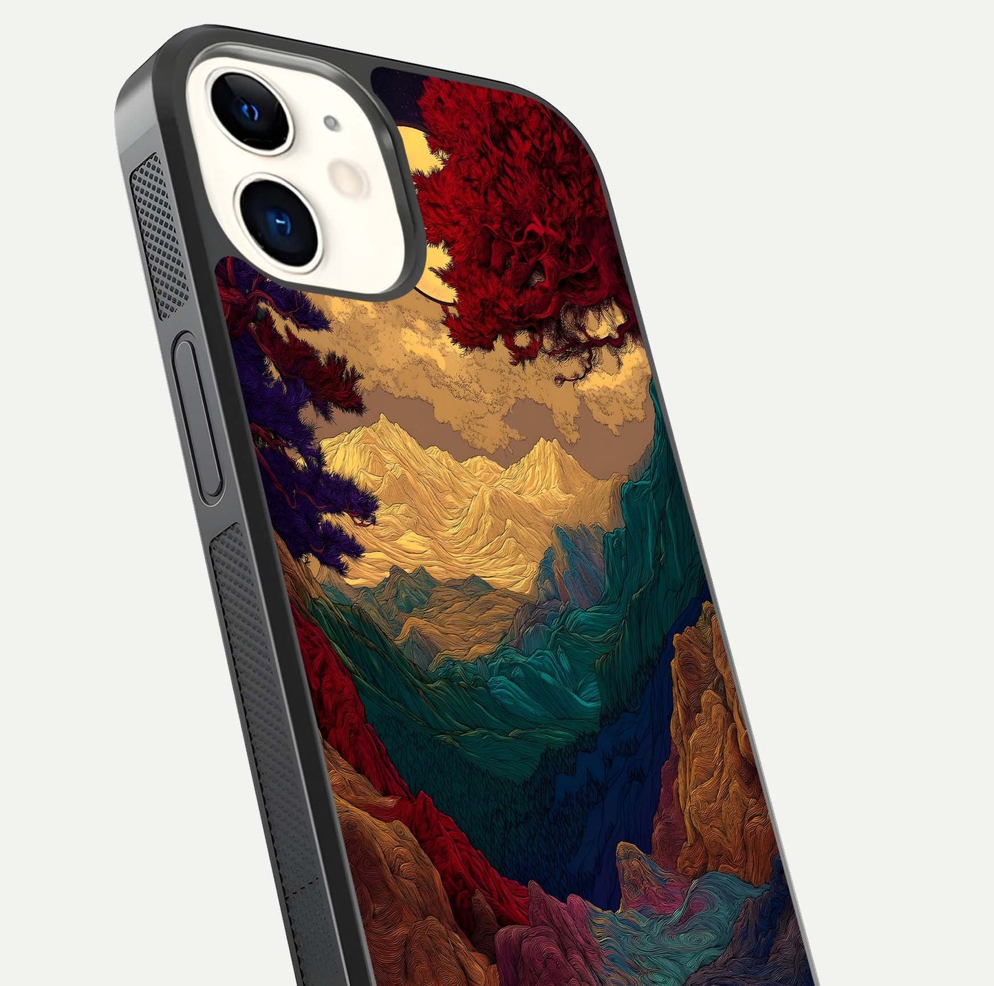 Mystic Valley Light Glass Case for iphone-12 close-up angled shot highlighting gradient sky and reflection