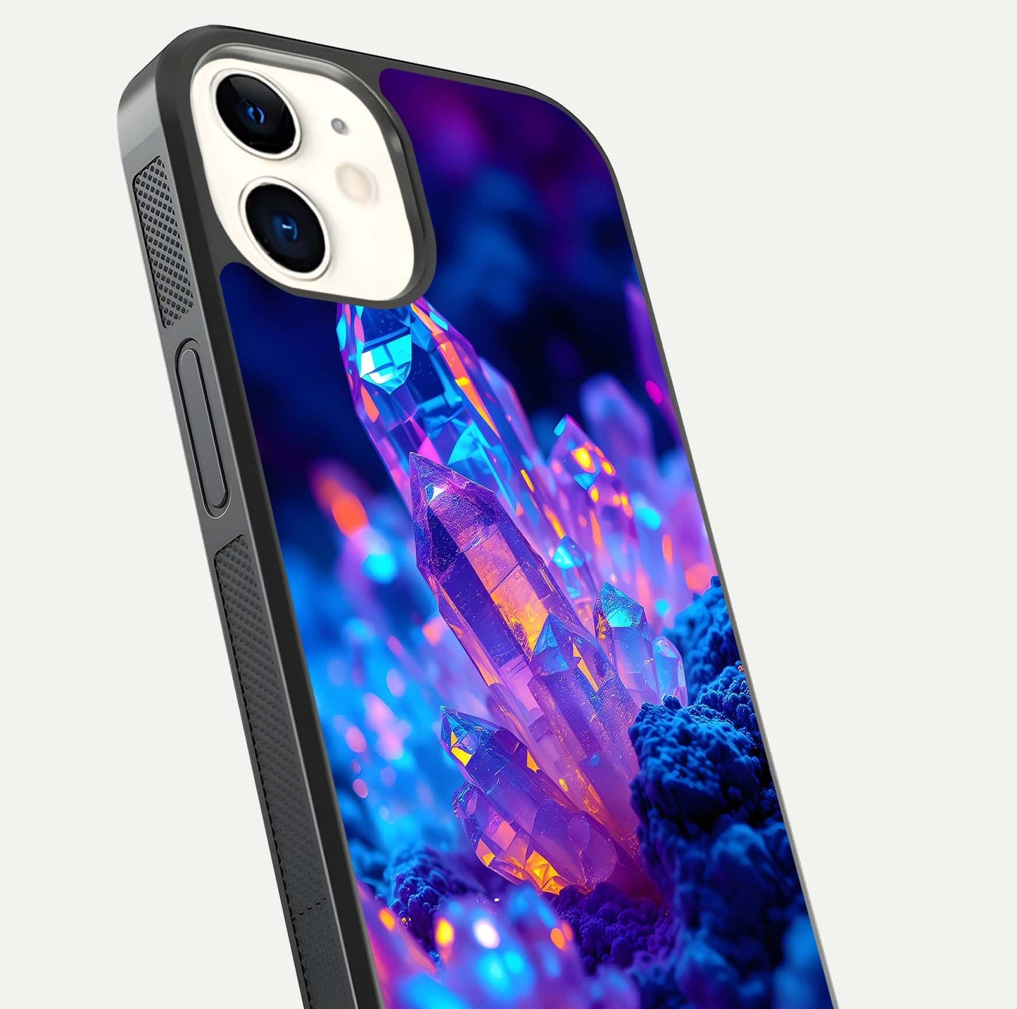 Neon Aura Shards Glass Case for iphone-12 close-up angled shot highlighting fragment pattern and reflection