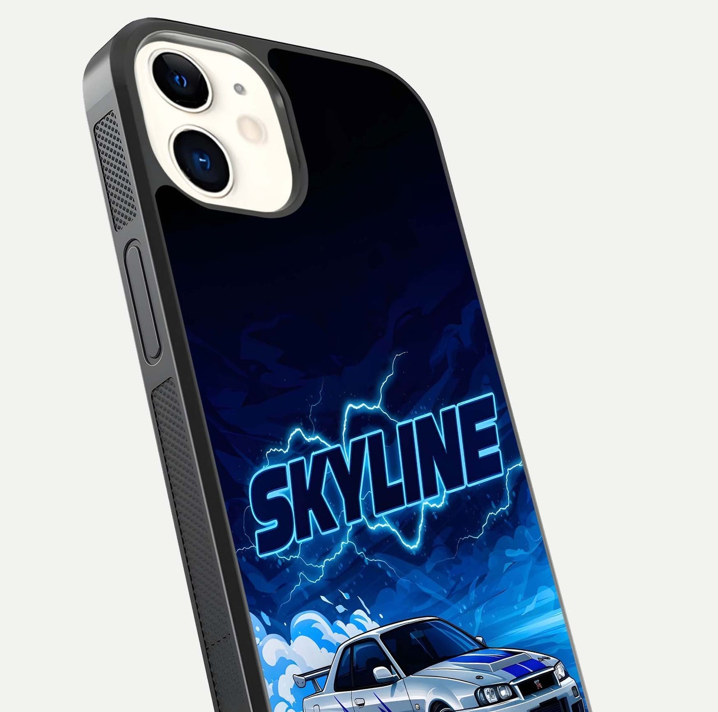 Neon Drift Beast Glass Case for iphone-12 close-up angled shot highlighting glowing streaks and vivid reflection