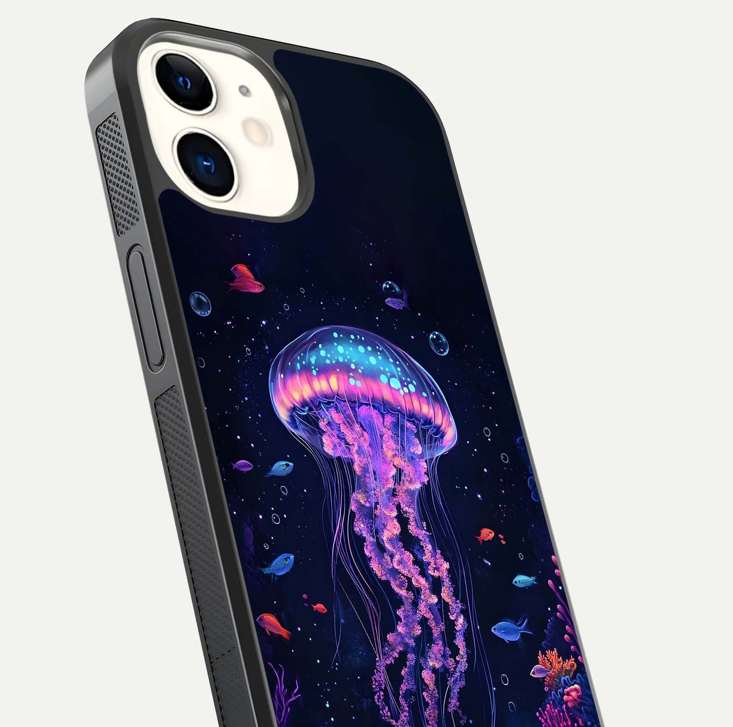 Neon Jellyfish Glass Case for iphone-12 close-up angled shot showing translucent jellyfish and shine reflection
