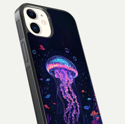 Neon Jellyfish Glass Case for iphone-12 close-up angled shot showing translucent jellyfish and shine reflection