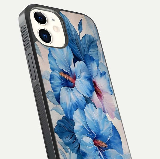 Ocean Hibiscus Grace Glass Case for iphone-12 close-up angled shot highlighting floral glow and HD shine