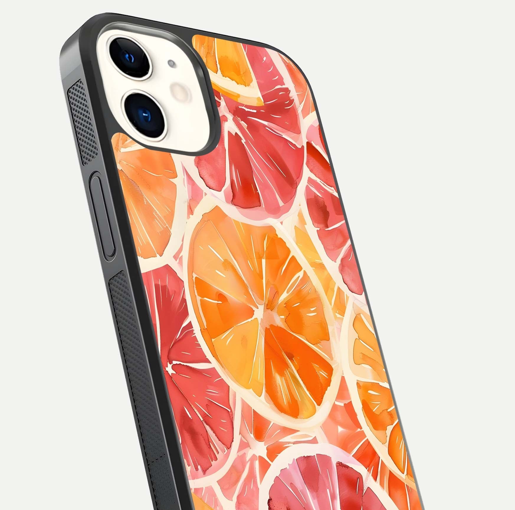 Orange Fruits Pattern Glass Case for iphone-12 close-up angled shot showing juicy fruit texture and reflection