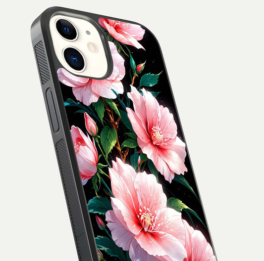 Peach Flower Glass Case for iphone-12 close-up angled shot highlighting floral petals and HD glass reflection