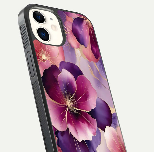 Pink Bouquet Florals Glass Case for iphone-12 close-up angled shot showing bouquet details and reflection