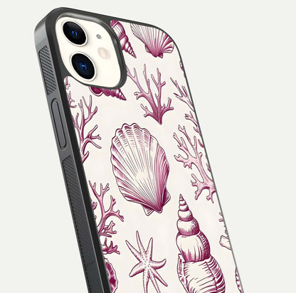 Pink Shells Outline Glass Case for iphone-12 close-up angled shot showing fine shell lines and reflection