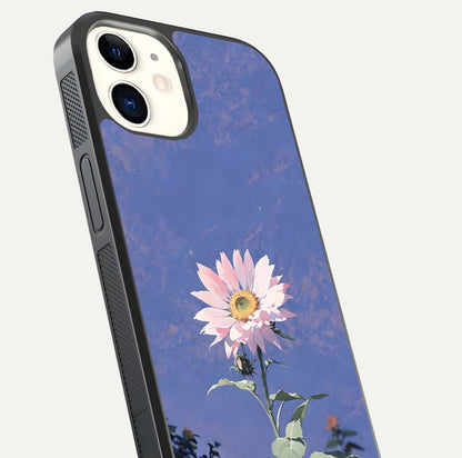 Pink Sunflower Glow Glass Case for iphone-12 close-up angled shot highlighting petal texture and reflection