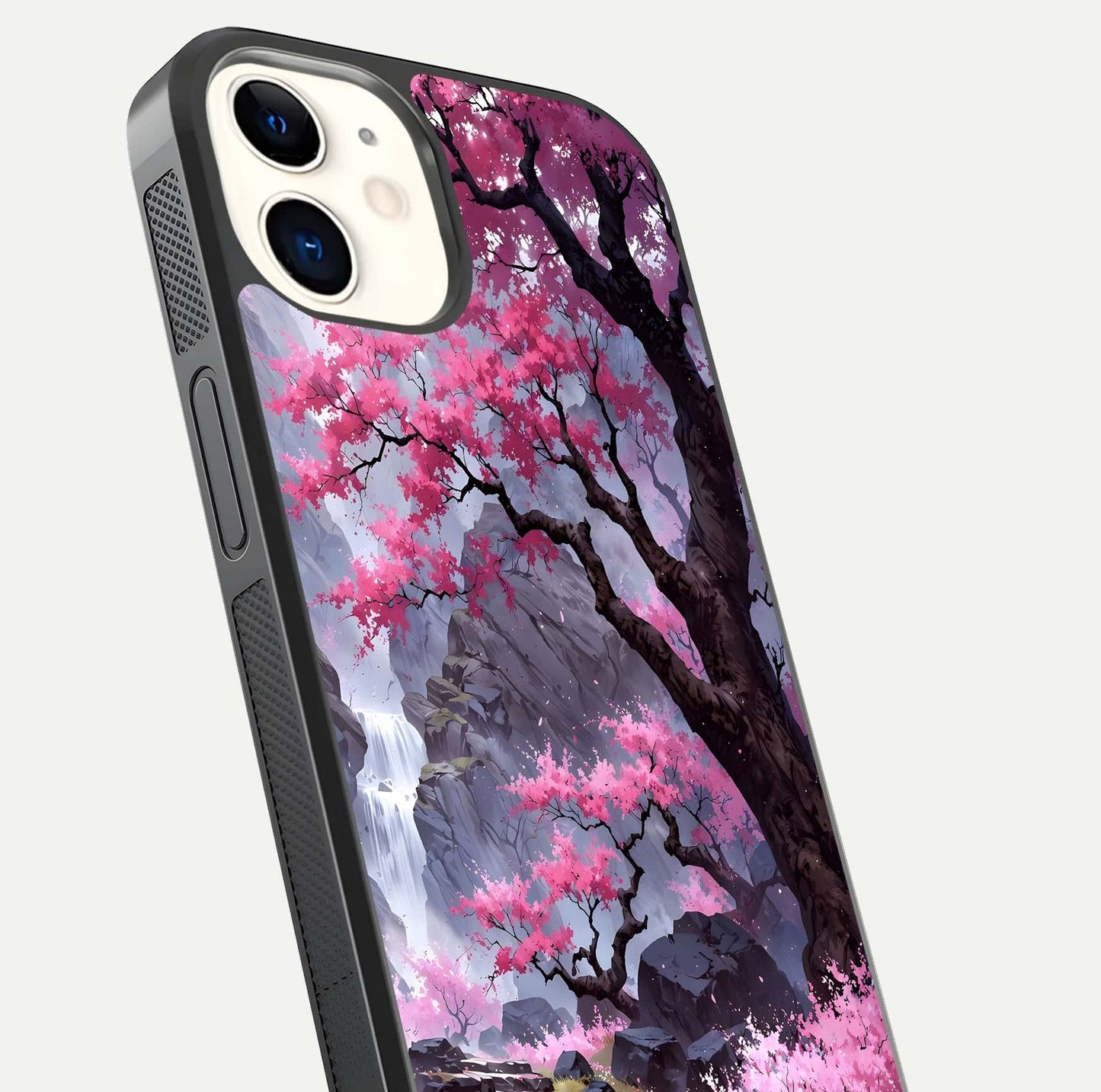 Pinkish Scenery Glass Case for iphone-12 close-up angled shot showing reflection and gradient color blend