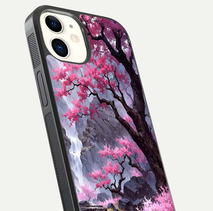 Pinkish Scenery Glass Case for iphone-12 close-up angled shot showing reflection and gradient color blend
