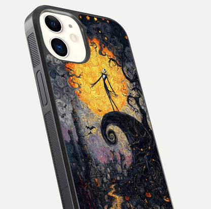 Pumpkin Moon Night Glass Case for iphone-12 close-up angled shot showing moon reflection and Halloween glow