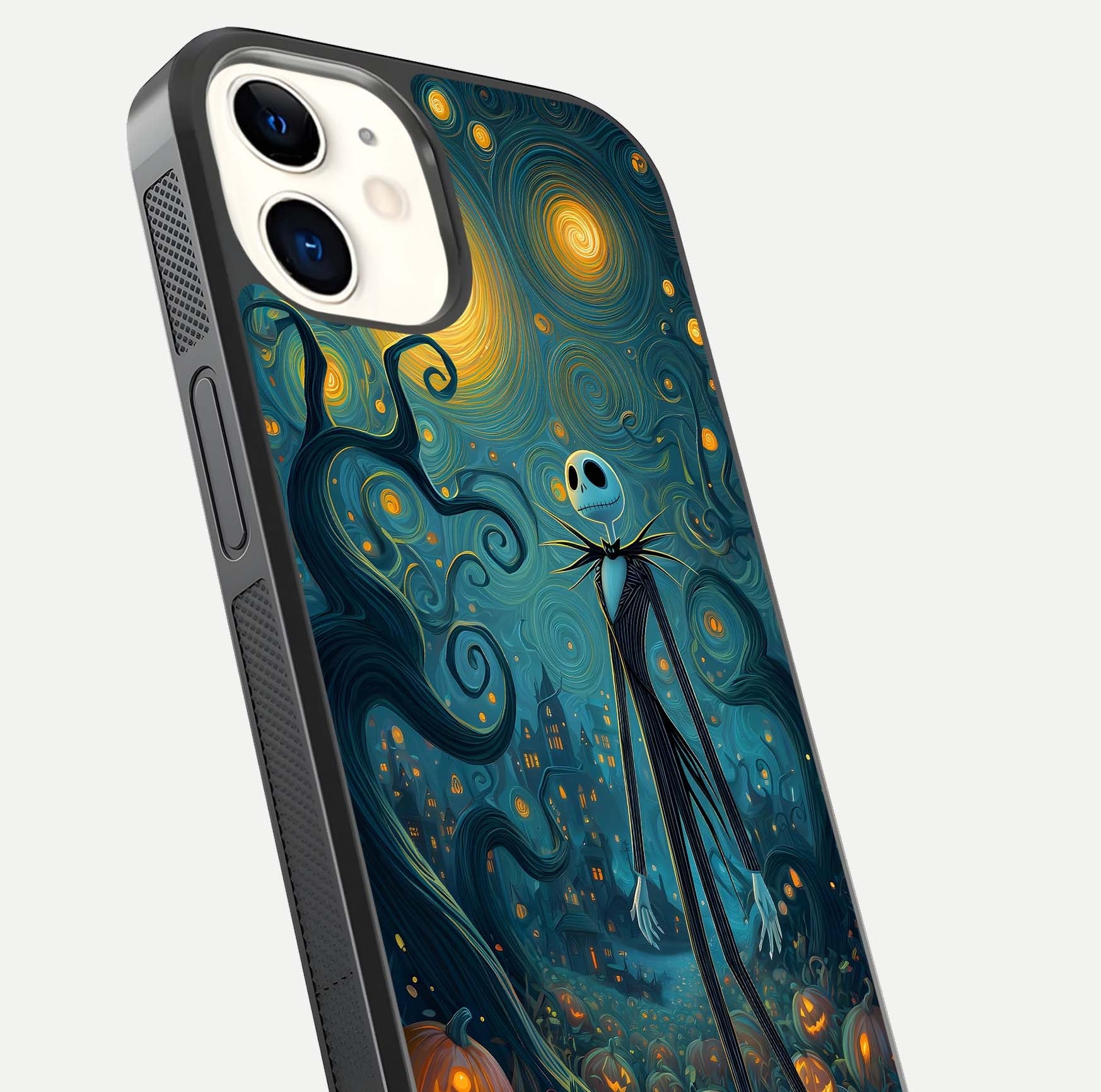 Pumpkin Moonlight Tale Glass Case for iphone-12 close-up angled shot highlighting reflection and vibrant glow