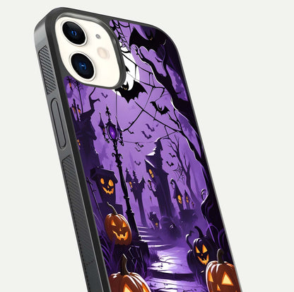 Pumpkin Patch Halloween Glass Case for iphone-12 close-up angled shot highlighting pumpkin texture and shine