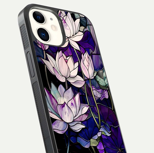 Purple Lotus Pattern Glass Case for iphone-12 close-up angled shot showing petal texture and HD reflection