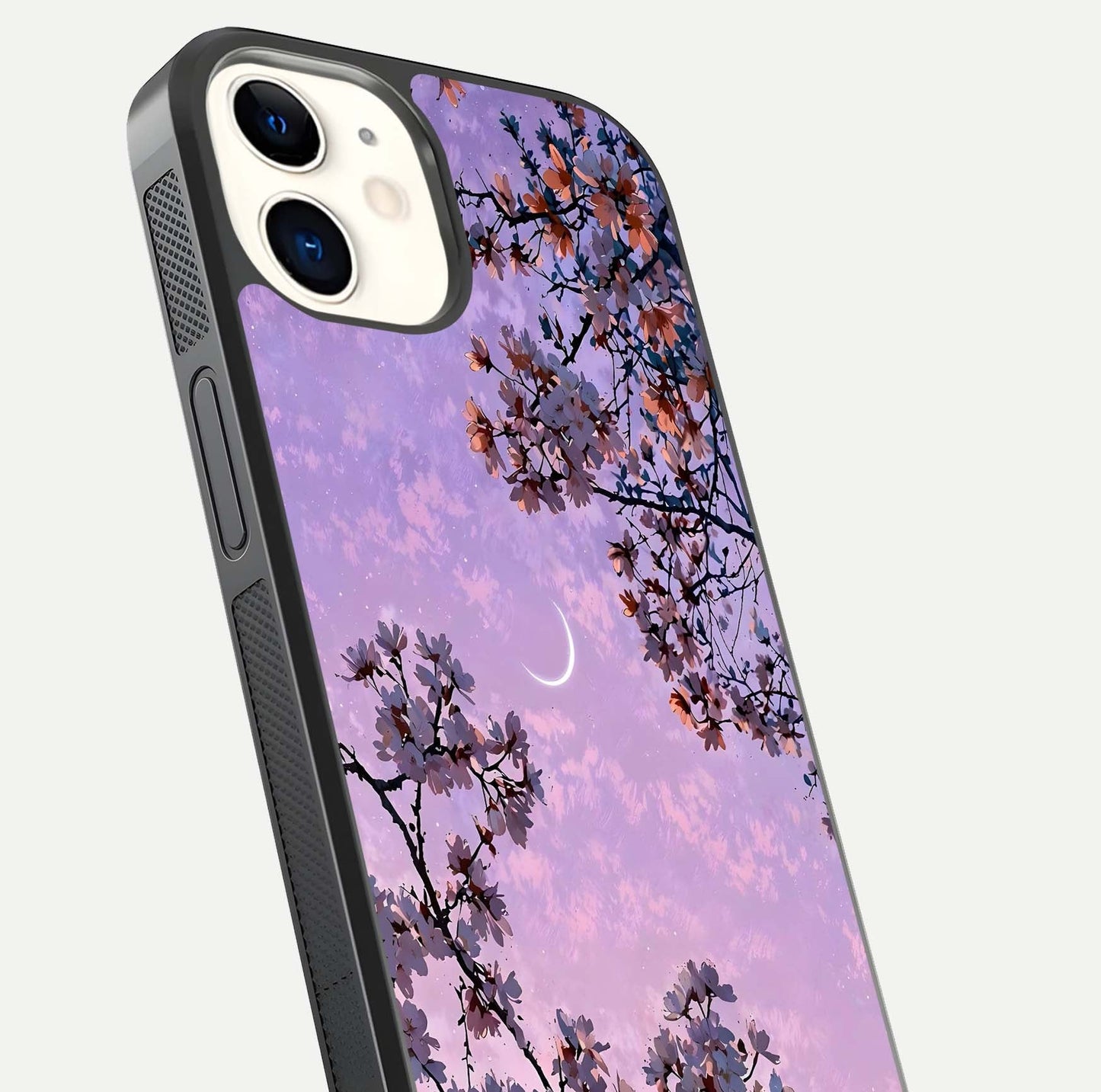 Purple Serenity Moon Glass Case for iphone-12 close-up angled shot showing reflection and gradient purple hues