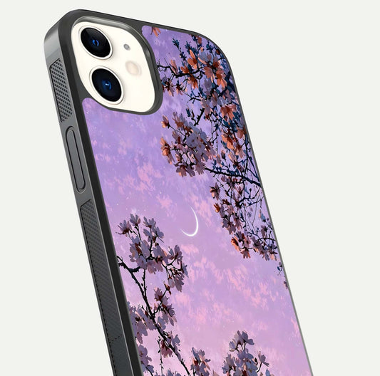 Purple Serenity Moon Glass Case for iphone-12 close-up angled shot showing reflection and gradient purple hues