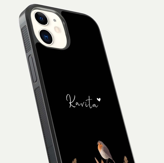 Quiet Garden Tune Custom Name Glass Case for iphone-12 close-up angled shot showing soft tones and gloss reflection