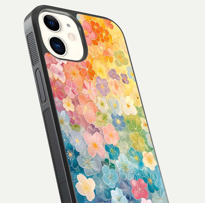 Rainbow Blossom Burst Glass Case for iphone-12 close-up angled shot showing petal colors and reflection