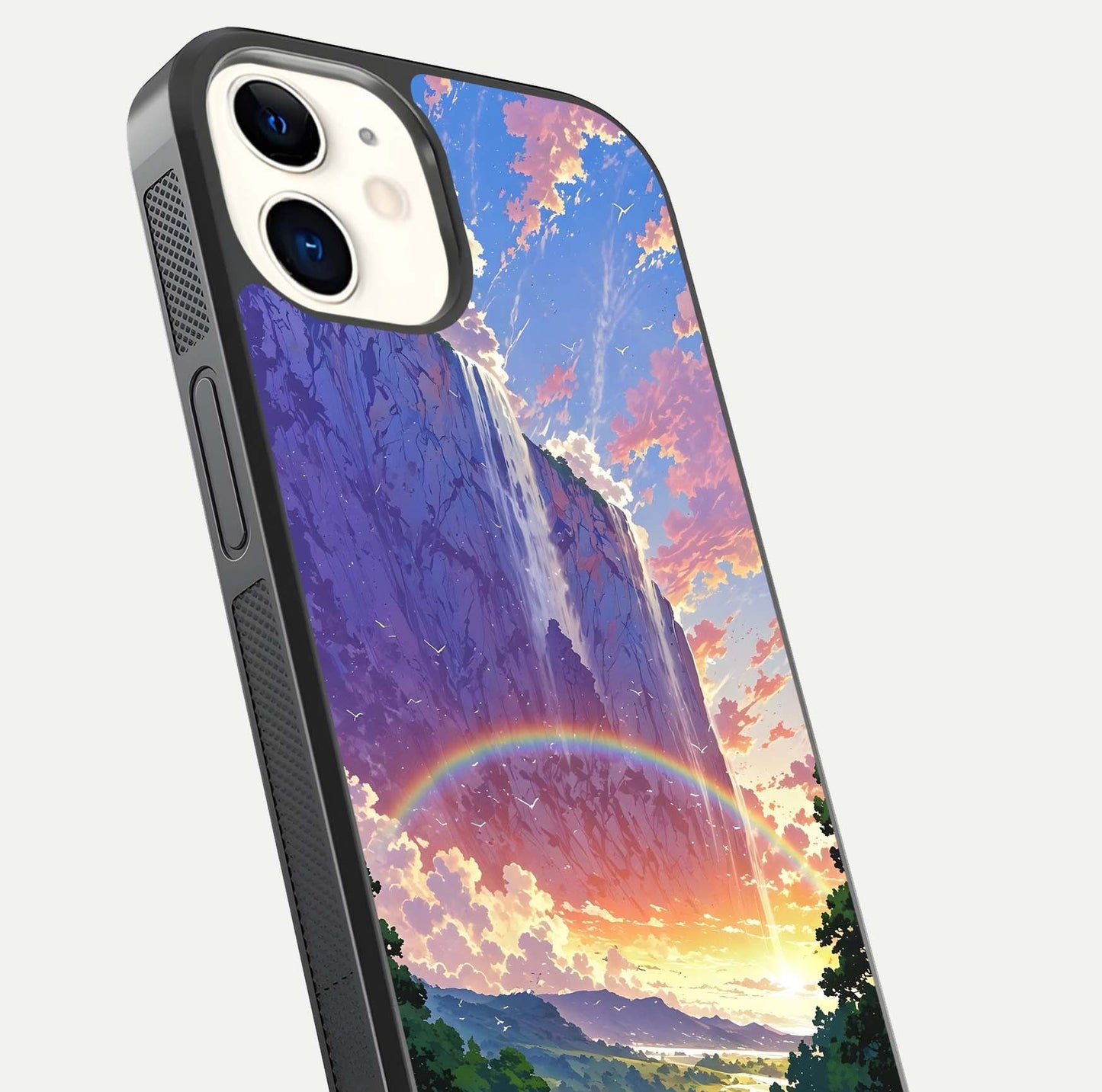 Rainbow Valley Dream Glass Case for iPhone 16 Pro close-up angled shot highlighting gradient tones and HD shine