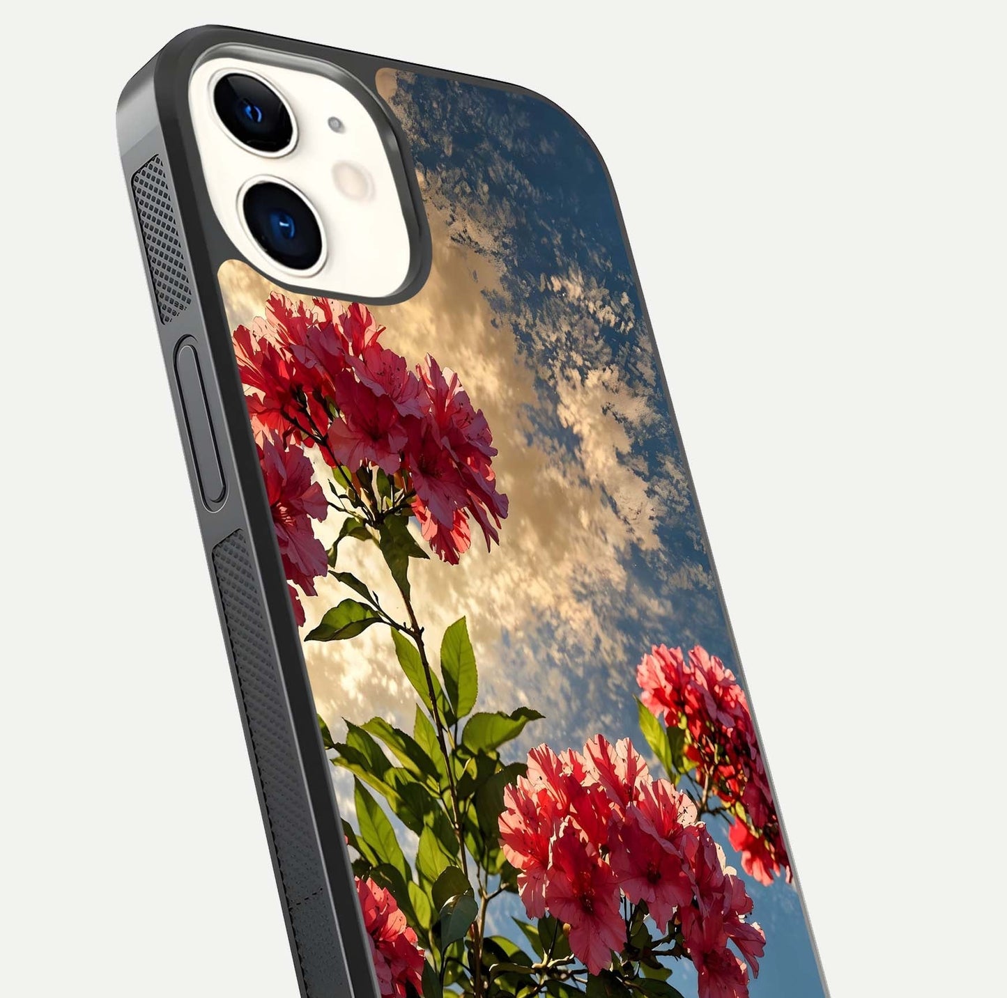 Red Bloom Skies Glass Case for iphone-12 close-up angled shot highlighting detailed blooms and reflection